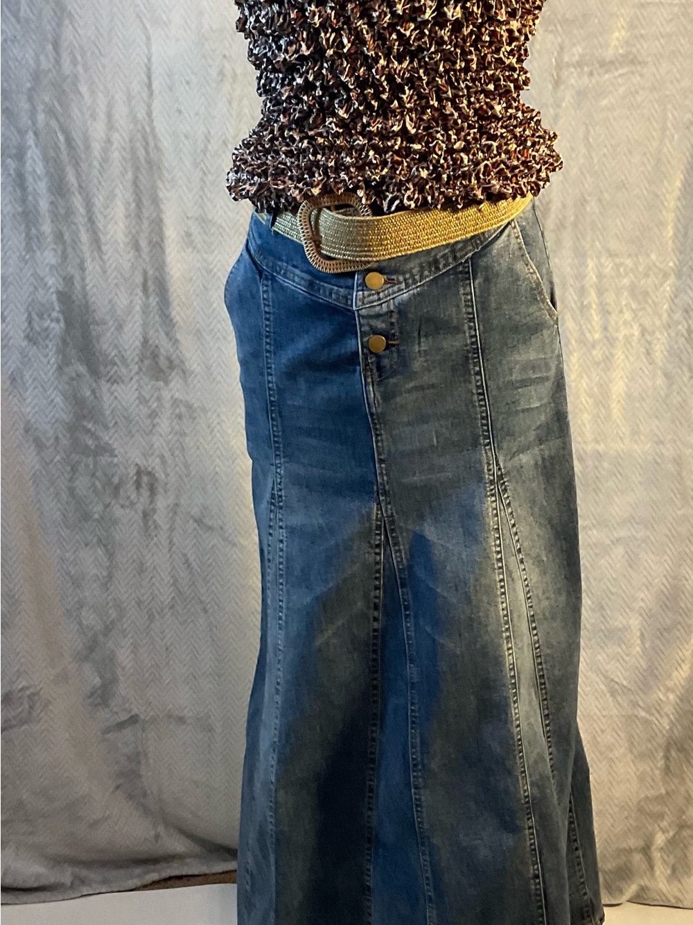 Classic Blue Denim Maxi Skirt with Button Front